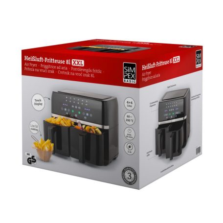 Simpex Touch XXL 8L kétzónás, 2 x 4 liter kétkosaras (dupla kosaras) 1700W Air Fryer, forrólevegős, olajmentes olajsütő, 8L