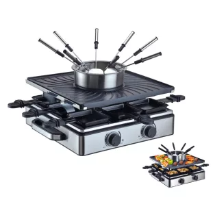   Simpex Professional RFG-35429 Raclette - Fondue Set 1500W 0.8L 8 személyes 2 az 1-ben nemesacél inox elektromos raclett grill és fondü szett ILAG bevonattal