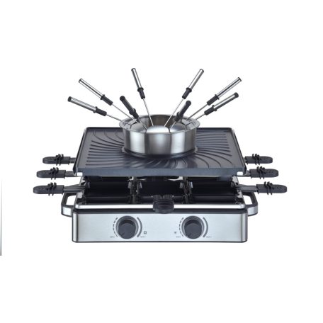 Simpex Professional RFG-35429 Raclette - Fondue Set 1500W 0.8L 8 személyes 2 az 1-ben nemesacél inox elektromos raclett grill és fondü szett ILAG bevonattal