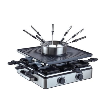 Simpex Professional RFG-35429 Raclette - Fondue Set 1500W 0.8L 8 személyes 2 az 1-ben nemesacél inox elektromos raclett grill és fondü szett ILAG bevonattal