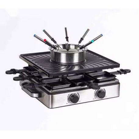 Simpex Professional RFG-35429 Raclette - Fondue Set 1500W 0.8L 8 személyes 2 az 1-ben nemesacél inox elektromos raclett grill és fondü szett ILAG bevonattal