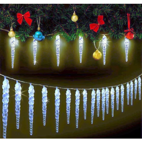Simpex kültéri / beltéri jégfehér jégcsap füzér, 40 db 11 cm-es LED jégcsap (3.9 méter) hidegfér fényfüzér, jégcsapfüzér
