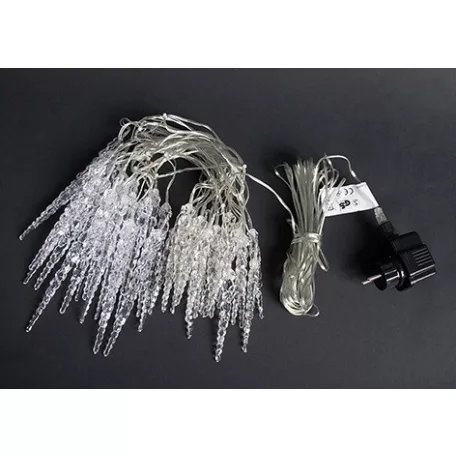 Simpex kültéri / beltéri jégfehér jégcsap füzér, 40 db 11 cm-es LED jégcsap (3.9 méter) hidegfér fényfüzér, jégcsapfüzér