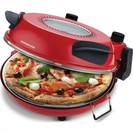 Smarton PO 300 Da Gennaro piros 1200W 30 cm elektromos pizzasütő, pizzakemence betekintő ablakkal, 305 x 10 mm pizzakővel, fém pizzalapáttal