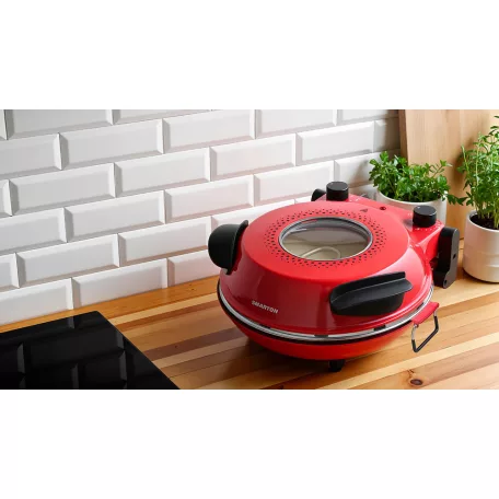 Smarton PO 300 Da Gennaro piros 1200W 30 cm elektromos pizzasütő, pizzakemence betekintő ablakkal, 305 x 10 mm pizzakővel, fém pizzalapáttal