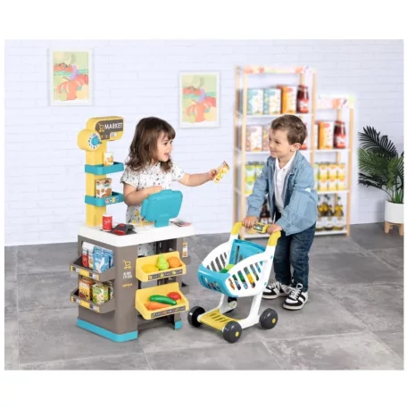 Smoby City Market, játék közért, 34 részes elektronikus szupermarket, működő pénztárgéppel, vonalkódolvasóval és bevásárló kosárral