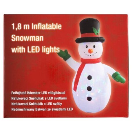 SnowMeister SM2015 kültéri / beltéri 180 cm világító melegfehér LED-es, felfújató Hóember karácsonyi dekoráció hálózati adapterrel, LED világítással