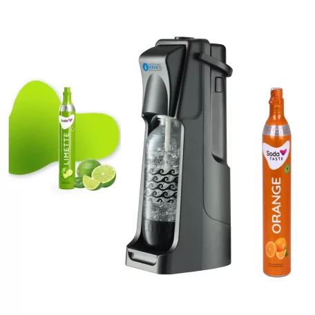 SodaCo B100B Orange / Lime Soda Maker fekete műanyag szódagép, házi szódakészítő 1 db 425g narancs vagy lime ízesítésű CO2 patronnal és 1 db 1 literes szénsavasító palackkal (B100BL / B100BO)