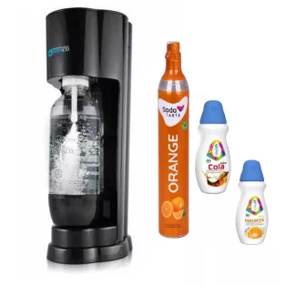   SodaCo R100B Royal Soda Maker MegaPack, fekete műanyag szódagép, házi szódakészítő 1 db 425g narancs ízesítésű CO2 patronnal, 2 x 500 ml ajándék szörppel és 1 db 1L szénsavasító palackkal