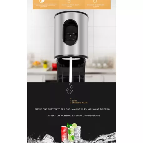 SodaCo S100S Stainless Steel Soda Maker nemesacél, inox szódagép, házi szódakészítő 1 db 425g CO2 patronnal és 1 db 1 literes szénsavasító palackkal