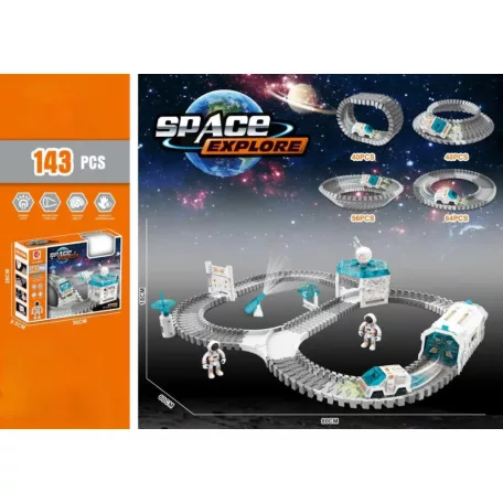 72Toys Space Explorer Spaceman Railway szett, 143 darabos űrállomás készlet projektorral, űrjárgánnyal és 2 űrhajóssal