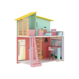   PlayTive Stella modern, rózsaszín / zöld fa babaház, 59 x 66 x 30 cm Puppenhaus, kétszintes babaház fából, 7 db kiegészítővel