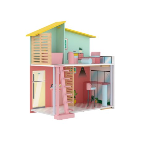 PlayTive Stella modern, rózsaszín / zöld fa babaház, 59 x 66 x 30 cm Puppenhaus, kétszintes babaház fából, 7 db kiegészítővel