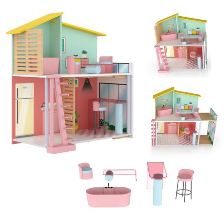PlayTive Stella modern, rózsaszín / zöld fa babaház, 59 x 66 x 30 cm Puppenhaus, kétszintes babaház fából, 7 db kiegészítővel