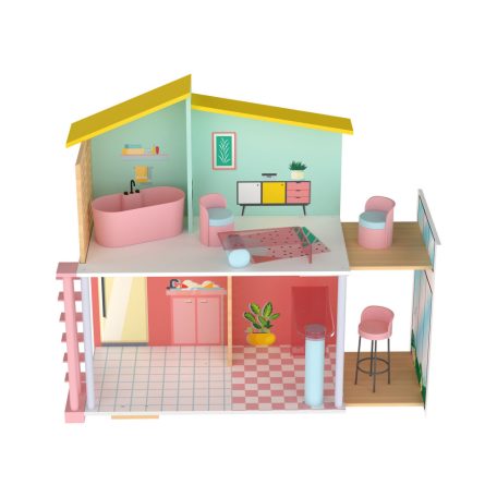 PlayTive Stella modern, rózsaszín / zöld fa babaház, 59 x 66 x 30 cm Puppenhaus, kétszintes babaház fából, 7 db kiegészítővel