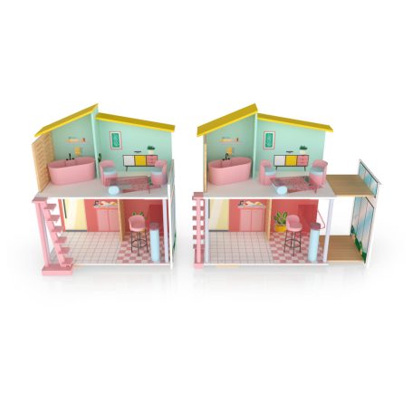 PlayTive Stella modern, rózsaszín / zöld fa babaház, 59 x 66 x 30 cm Puppenhaus, kétszintes babaház fából, 7 db kiegészítővel