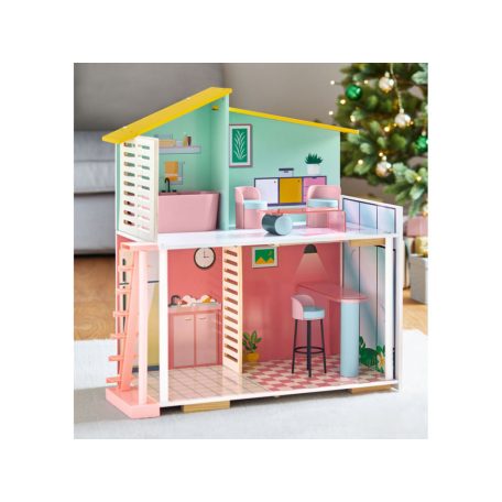 PlayTive Stella modern, rózsaszín / zöld fa babaház, 59 x 66 x 30 cm Puppenhaus, kétszintes babaház fából, 7 db kiegészítővel