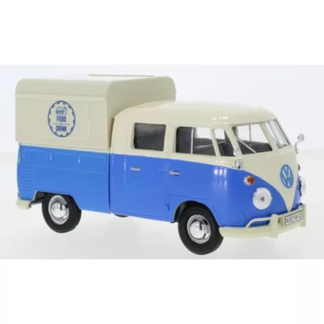 MotorMax Volkswagen Transporter T2 Food & Drink 1:24 kék-fehér 17 cm fém + műanyag modell autó, autómodell, nyitható büfékocsi