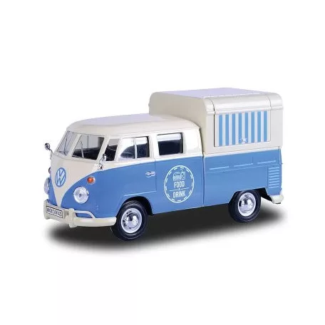 MotorMax Volkswagen Transporter T2 Food & Drink 1:24 kék-fehér 17 cm fém + műanyag modell autó, autómodell, nyitható büfékocsi