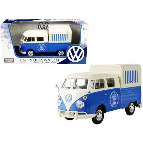 MotorMax Volkswagen Transporter T2 Food & Drink 1:24 kék-fehér 17 cm fém + műanyag modell autó, autómodell, nyitható büfékocsi