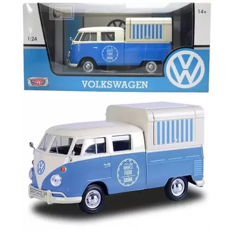 MotorMax Volkswagen Transporter T2 Food & Drink 1:24 kék-fehér 17 cm fém + műanyag modell autó, autómodell, nyitható büfékocsi