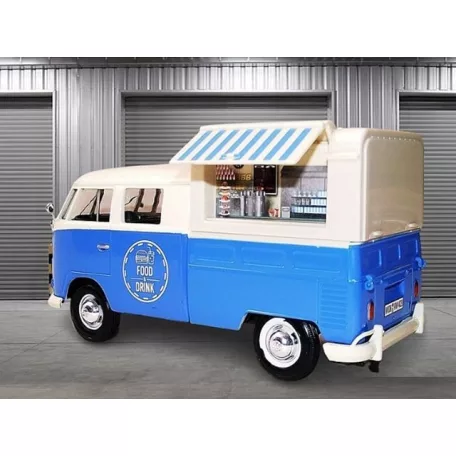 MotorMax Volkswagen Transporter T2 Food & Drink 1:24 kék-fehér 17 cm fém + műanyag modell autó, autómodell, nyitható büfékocsi