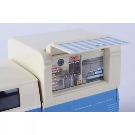 MotorMax Volkswagen Transporter T2 Food & Drink 1:24 kék-fehér 17 cm fém + műanyag modell autó, autómodell, nyitható büfékocsi