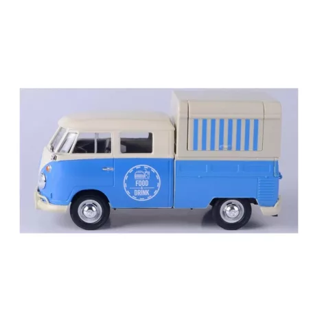 MotorMax Volkswagen Transporter T2 Food & Drink 1:24 kék-fehér 17 cm fém + műanyag modell autó, autómodell, nyitható büfékocsi