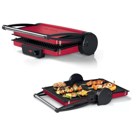 Bosch TCG4101 piros asztali 2000W nemesacél kontaktgrill, kontakt grillsütő kivehető sütőlapokkal, 780 cm2 grillfelülettel