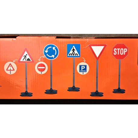 Toy Lino KT5 szett 770 x 215 mm 5 db (8-féle) kétoldalas játék közlekedési tábla, (Jelzőlámpa, STOP, Elsőbbségadás, Gyalogátkelő, Körforgalom, Behajtani tilos, Parkoló és Útépítés ) 10 matricával