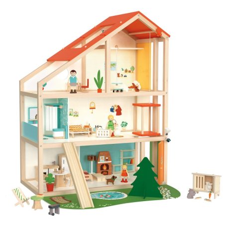 Toy Lino 3 szintes XXL fa babaház, 62 x 79 x 29 cm elektromos, világító natúr fa babaház lifttel, bútorokkal, 50 kiegészítővel (PlayTive XXL fa babaház helyettesítő)