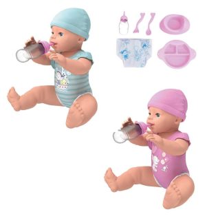   TONI 40 cm élethű játék baba lecsukható szemekkel, alvó, ivó és nedvesítő funkcióval, ruhával, bilivel, etető- itató 9 részes szettel