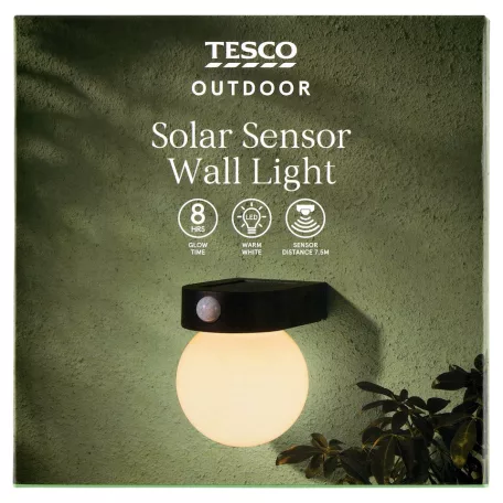 Tesco Outdoor Solar Sensor Wall Light 12 cm nagy fényerejű, falra szerelhető napelemes szolár LED lámpa mozgásérzékelővel, melegfehér, cserélhető 3.7V 1200 mAh 18650 li-ion akkuval