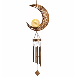   Tesco Outdoor Solar Moon Light napelemes, világító szélcsengő, melegfehér repedezett mintás kristálygömbbel, Hold témával, 5 rúddal 175 x 105 x 1040 mm