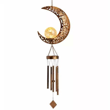 Tesco Outdoor Solar Moon Light napelemes, világító szélcsengő, melegfehér repedezett mintás kristálygömbbel, Hold témával, 5 rúddal 175 x 105 x 1040 mm