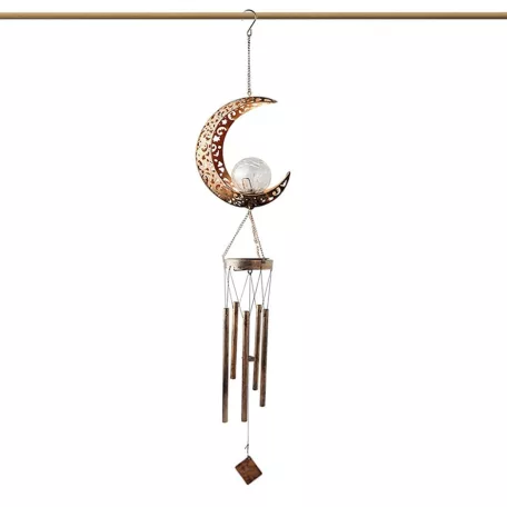 Tesco Outdoor Solar Moon Light napelemes, világító szélcsengő, melegfehér repedezett mintás kristálygömbbel, Hold témával, 5 rúddal 175 x 105 x 1040 mm