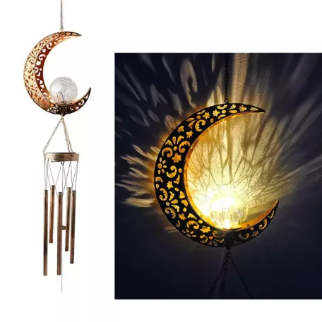 Tesco Outdoor Solar Moon Light napelemes, világító szélcsengő, melegfehér repedezett mintás kristálygömbbel, Hold témával, 5 rúddal 175 x 105 x 1040 mm