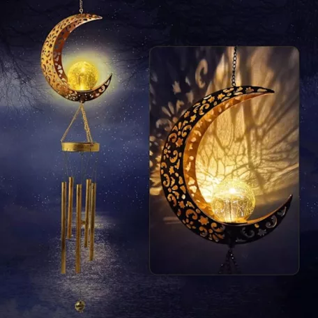 Tesco Outdoor Solar Moon Light napelemes, világító szélcsengő, melegfehér repedezett mintás kristálygömbbel, Hold témával, 5 rúddal 175 x 105 x 1040 mm