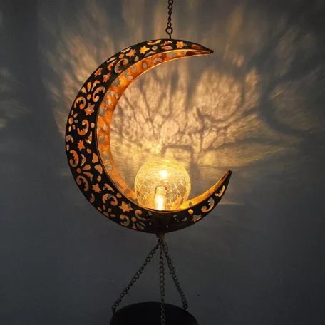 Tesco Outdoor Solar Moon Light napelemes, világító szélcsengő, melegfehér repedezett mintás kristálygömbbel, Hold témával, 5 rúddal 175 x 105 x 1040 mm