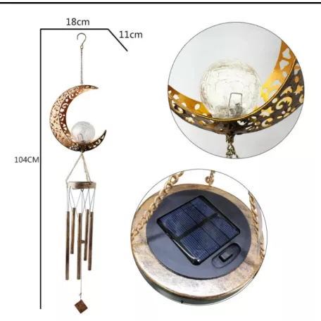 Tesco Outdoor Solar Moon Light napelemes, világító szélcsengő, melegfehér repedezett mintás kristálygömbbel, Hold témával, 5 rúddal 175 x 105 x 1040 mm