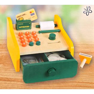   Toy Lino 15 x 10 x 15 cm 36 részes, kreativitás és fantázia fejlesztő fa játék pénztárgép, kassza, kasszagép bankkártya terminállal, kézi szekkenner és érémkkel