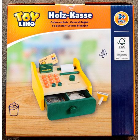 Toy Lino 15 x 10 x 15 cm 36 részes, kreativitás és fantázia fejlesztő fa játék pénztárgép, kassza, kasszagép bankkártya terminállal, kézi szekkenner és érémkkel
