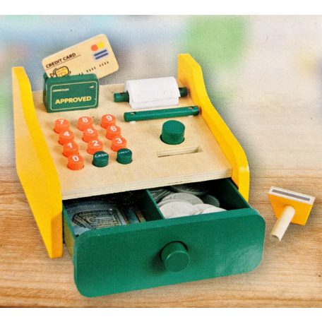 Toy Lino 15 x 10 x 15 cm 36 részes, kreativitás és fantázia fejlesztő fa játék pénztárgép, kassza, kasszagép bankkártya terminállal, kézi szekkenner és érémkkel