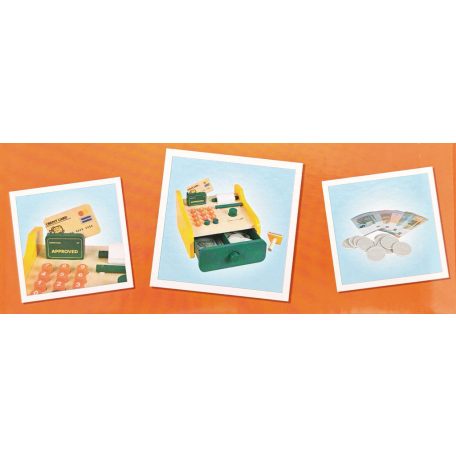 Toy Lino 15 x 10 x 15 cm 36 részes, kreativitás és fantázia fejlesztő fa játék pénztárgép, kassza, kasszagép bankkártya terminállal, kézi szekkenner és érémkkel