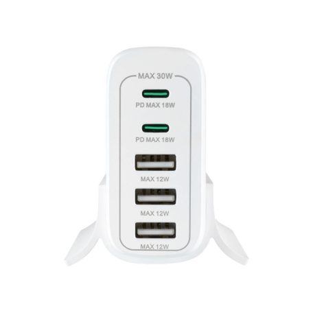 Tronic TUL 2 A1 5 portos 30W USB / USB-C töltőállomás PD (Power Delivery) 18W QuickCharge gyorstöltő porttal 5V 3A / 9V 2A / 12V 1.5A fehér / fekete