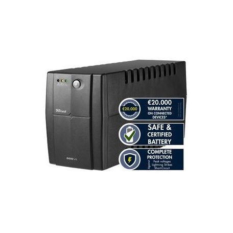 Trust 17681 Black AVR 600VA / 300W UPS, kompakt, fekete szünetmentes tápegység 12V 7Ah zselés akkumulátorral
