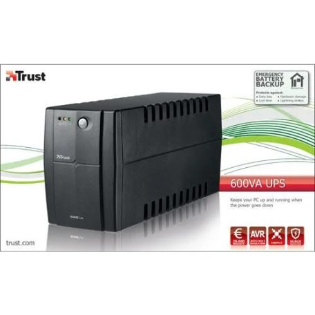 Trust 17681 Black AVR 600VA / 300W UPS, kompakt, fekete szünetmentes tápegység 12V 7Ah zselés akkumulátorral