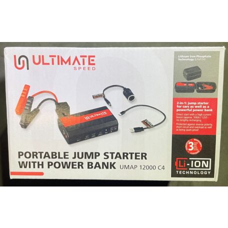 Ultimate Speed UMAP 12000 C4 hordozható indításrásegítő, 12 000 mAh 38,4 Wh LiFePO4 Li-ion PowerBank, 12V bikázó, kompakt indítóakku