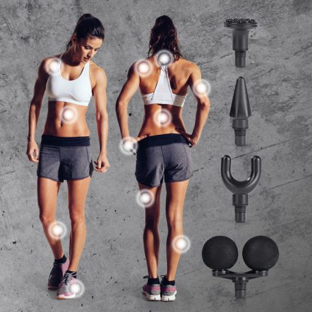 VITALmaxx 14542 DUO Mini Massage Gun masszázspisztoly, akkus, vezeték nélküli masszírozó pisztoly 4-féle cserélhető fejjel, 6 fokozattal fekete színben, 3200 impulzus / perc