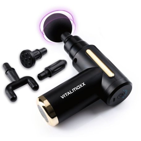 VITALmaxx 15359 GOLD Mini Massage Gun masszázspisztoly, akkus, vezeték nélküli masszírozó pisztoly 4-féle cserélhető fejjel, 6 fokozat, 1800-3200 impulzus, fekete-arany